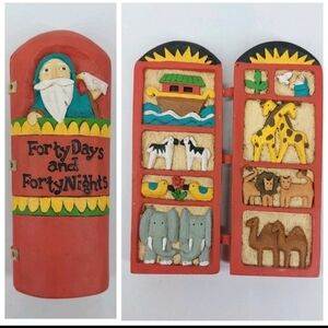 Vintage Noahs Ark Hinged Folk Art Diorama Figurine 5" Tall